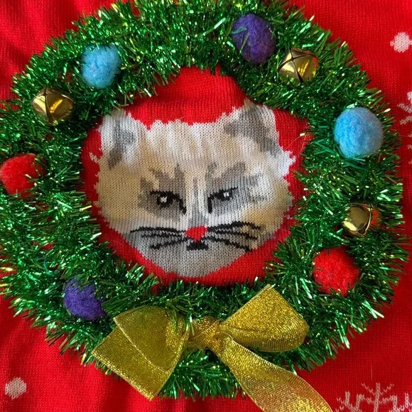 Tipsy Elves Youth Medium Meowy Ugly Christmas Sweater Red/Green/ White, Ages 8-9 - Picture 4 of 5